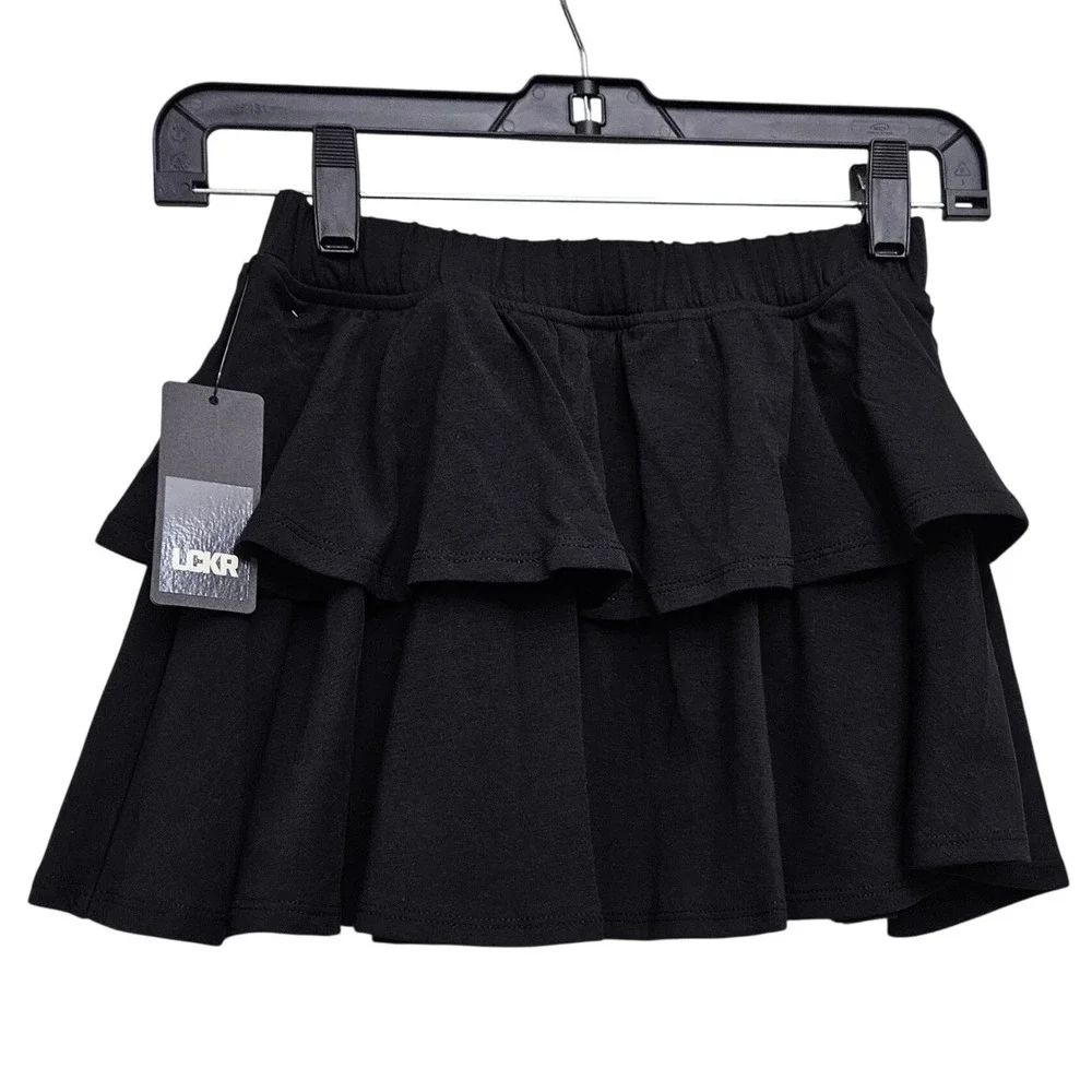 LCKR Tiered Ruffle Skort Girls Medium Black Jersey Knit Active Athleisure‎ Skirt